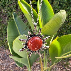 NEW Red Jasper Sun Pendant Red Jasper Necklace Man Made Encased Crystal Healing